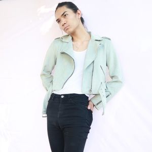 Francesca’s Faux suede moto jacket Baby Blue Sz L